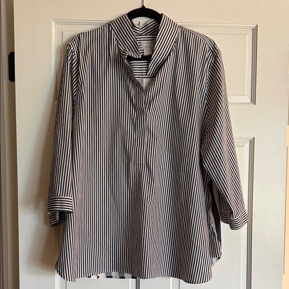 Chicos Black and White Stripe Shirt - Classic Collar